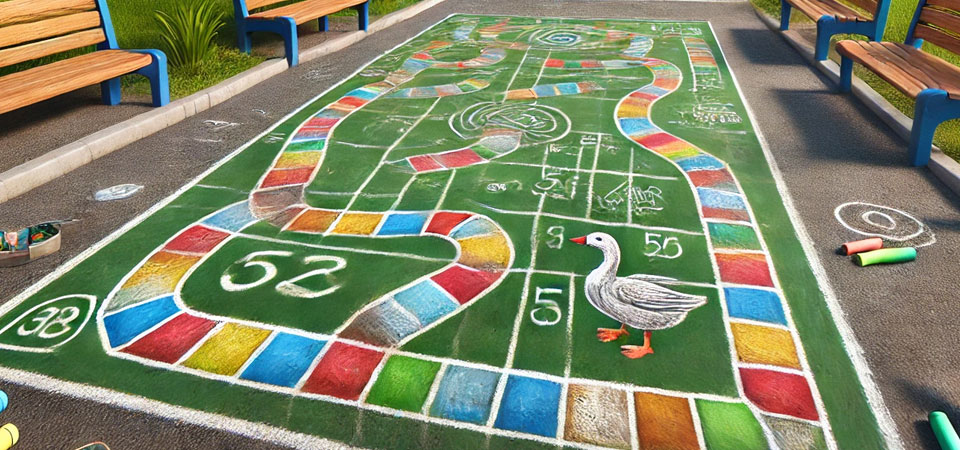 [Beeld: ganzenbord stoepkrijtspel]